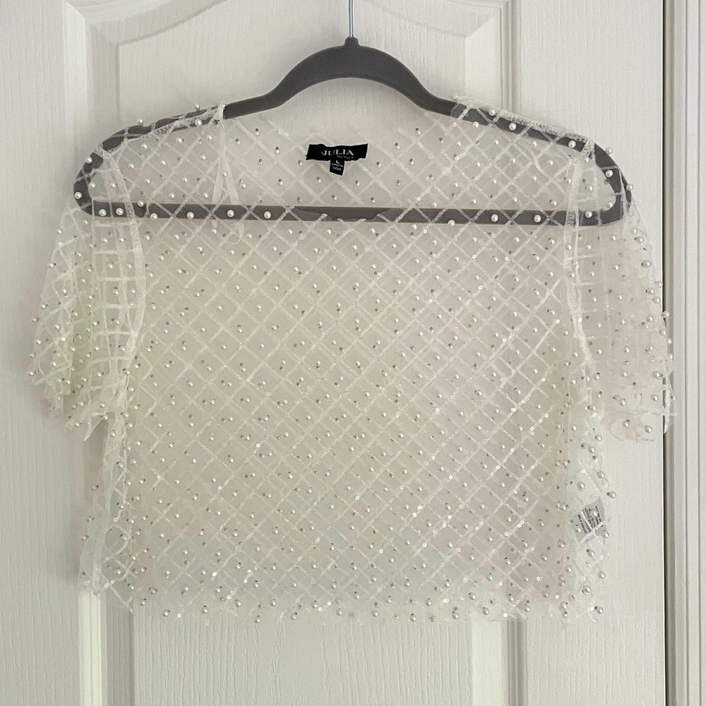 NWOT- Pearl & Sequin Cropped Mesh Bridal Top